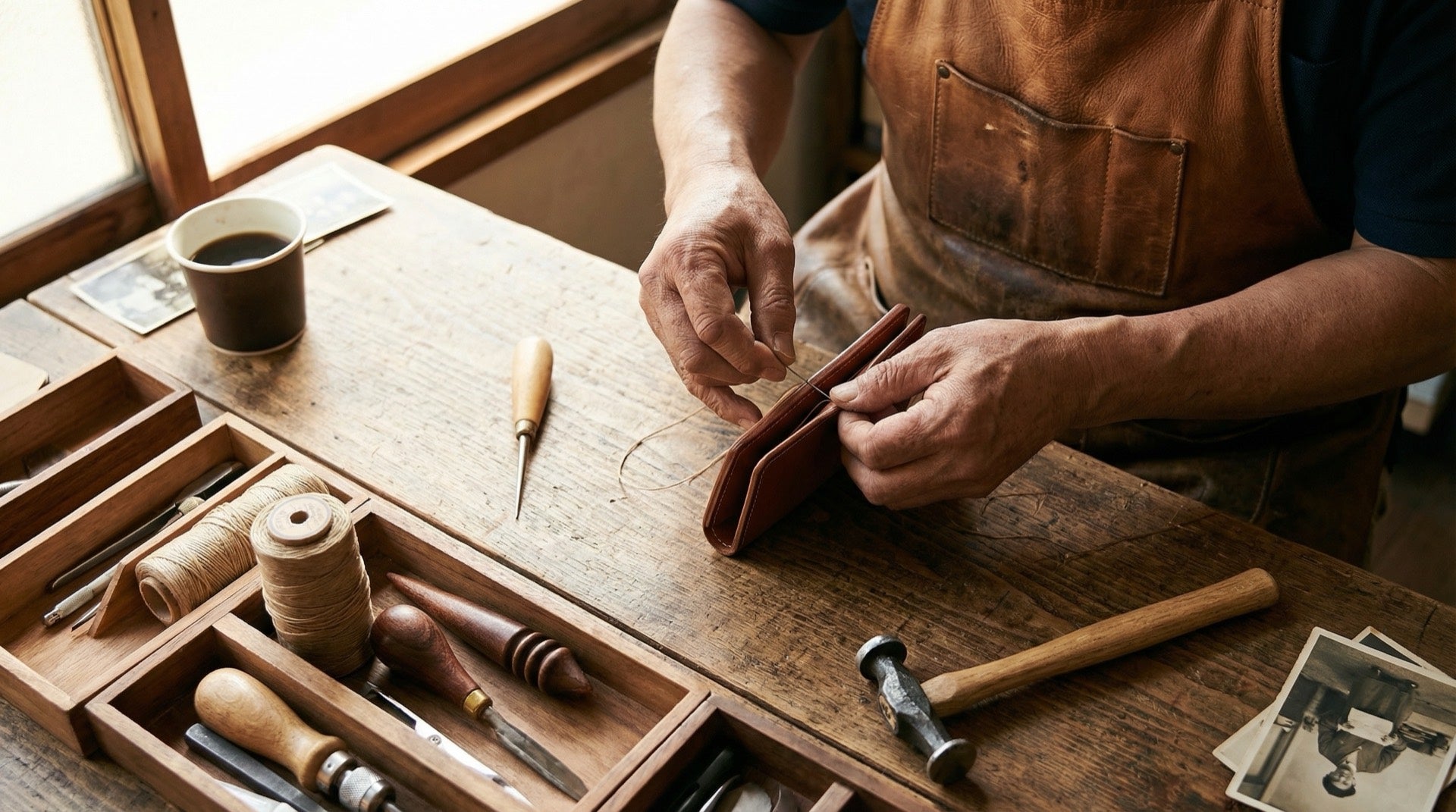 工房の作業台で、職人が栃木レザーの革小物を手縫いしている